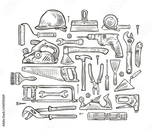 Building tools hand-drawn sketch. Construction vector illustration