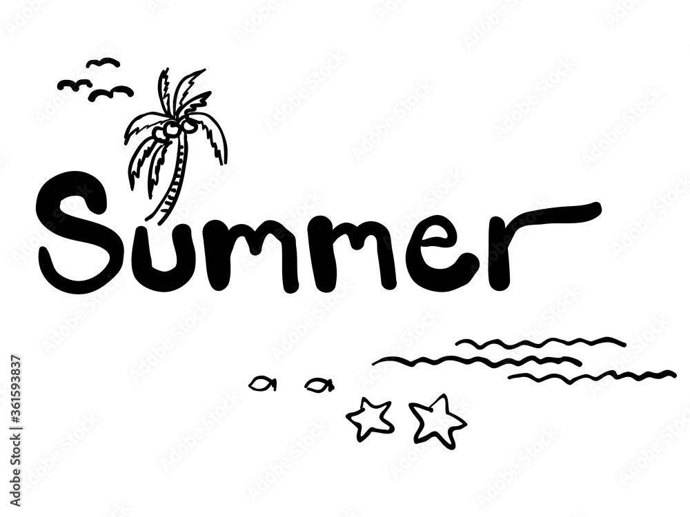 Obraz premium black and white raw hand writing summer season calligraphic with childish illustration decoration vector design