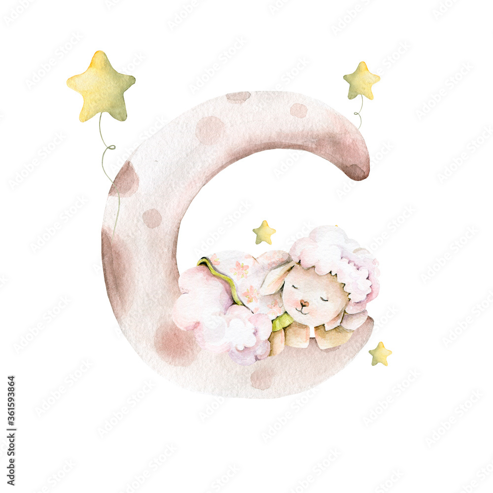 Hand drawing watercolor сhildren's illustration- cute little lamb sleeping on the moon and stars. illustration isolated on white
