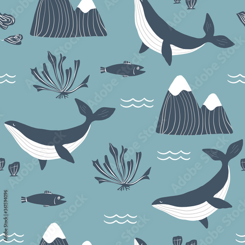 Simple whale Orcas, monochrome mountains and sea shells blue background seamless pattern. Vector illustration. Repeating pattern design.