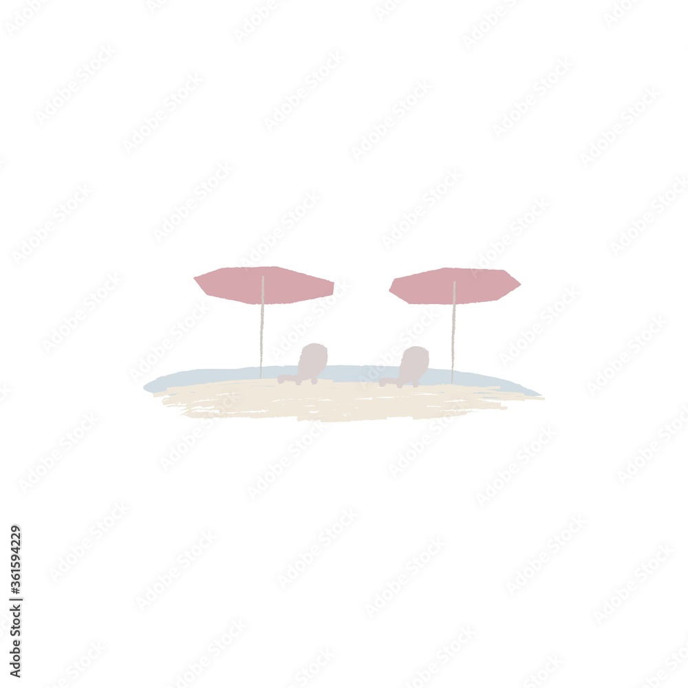 Umbrellas on the beach. Hand drawn cartoon vector illustration. Neutral colors. Pencil texture