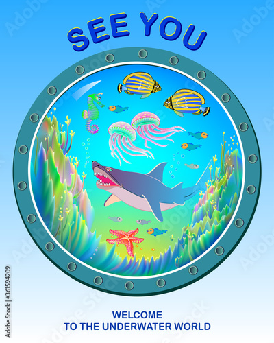 Welcome to the underwater world. Poster for visiting aquarium or diving club. Beautiful view from the window at the ocean seaweed and fish. Fantastic illustration with maritime environment.
