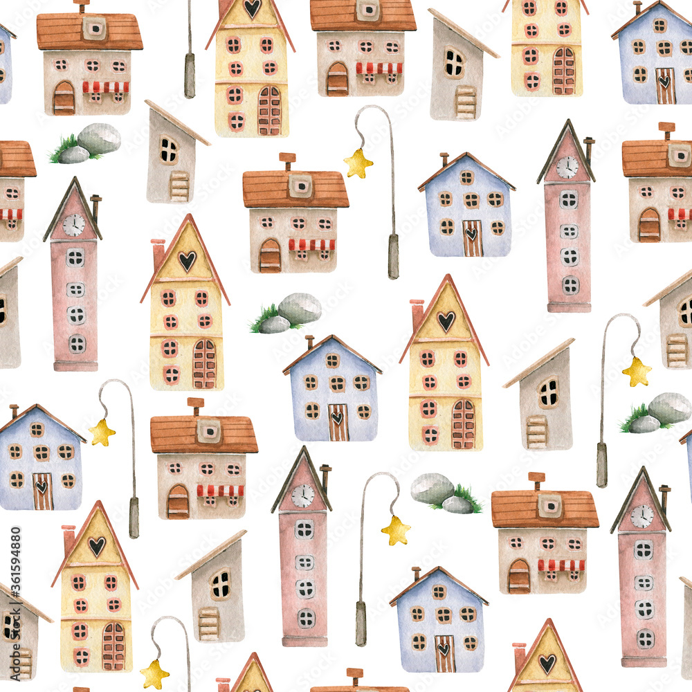 Hand drawing watercolor cute сhildren's pattern of small town with cartoon houses and streetlight. Perfect for print, textile, scrapbooking.