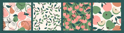 Vector seamless patterns with fruits. Trendy hand drawn textures.