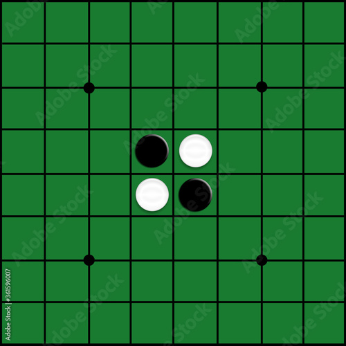 Presenting the board game Reversi or Otello White and black point positioning To start the game Suitable for use in design