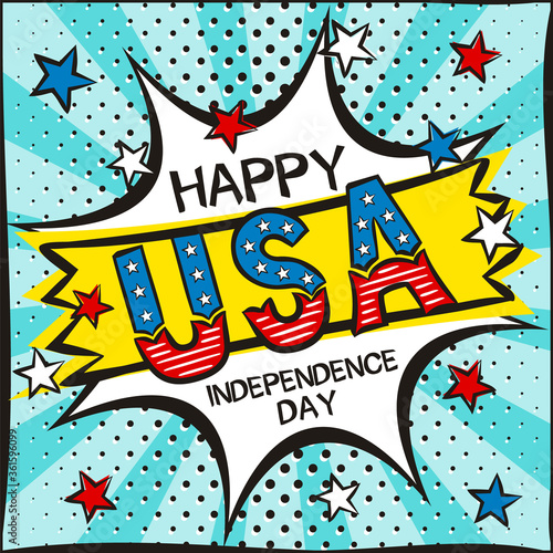 Bright pop art picture for USA Independence Day. Template by July 4th in national colors of the United States of America. Square cartoon web banner for social media post template. Vector illustration