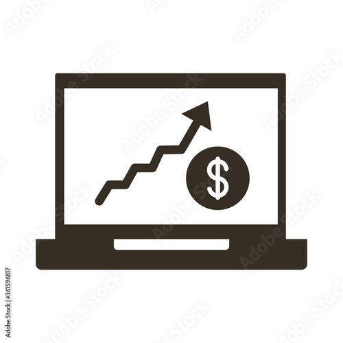 computer laptop with coin and statistics silhouette style icon
