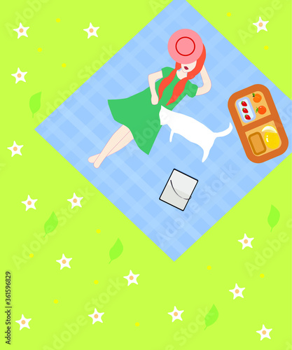 Girl relaxes in the park, picnic, vector illustration