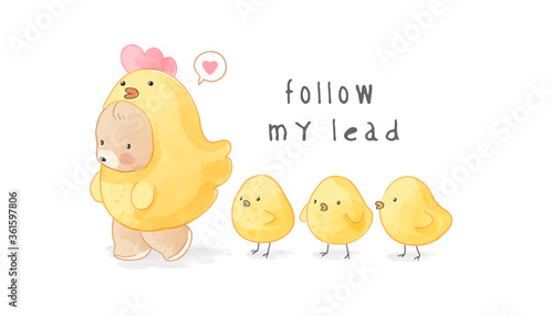 Cute Bear in Yellow Chicken Costume Followed by Baby Chicks Illustration 