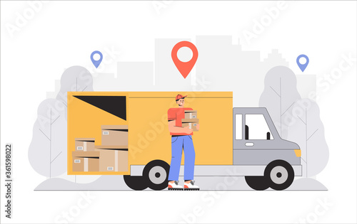 Fast and free shipping. concept, delivery man holding box, truck on background. Flat style vector illustration.