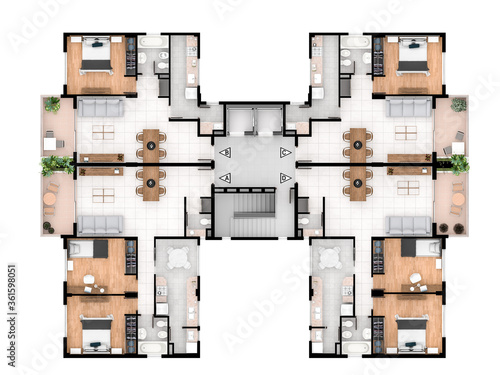 Obraz na plátně Residential floor plan with furnished bedrooms and bathrooms