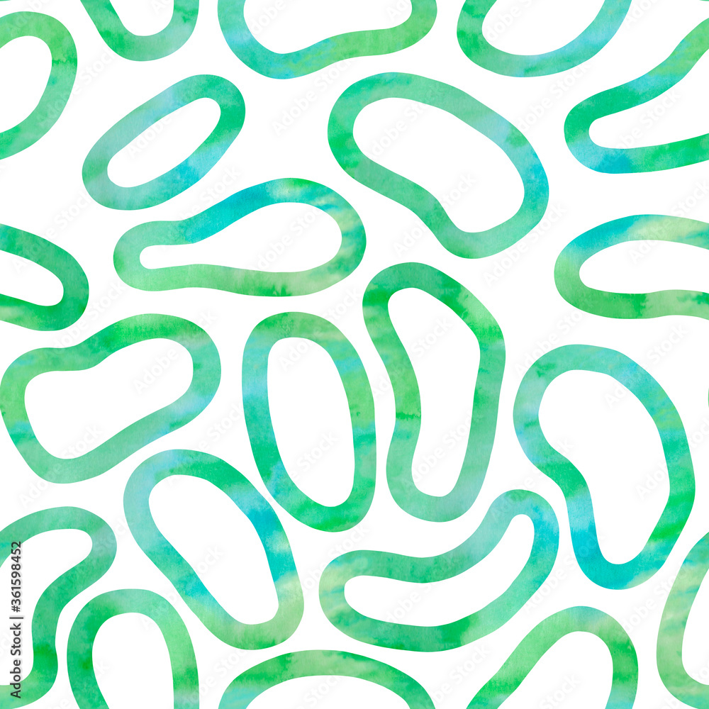 Watercolor blue-green rings and ellipses on white background. Seamless pattern. Hand-painted texture. Watercolor stock illustration. Design for backgrounds, wallpapers, textile, covers and packaging Watercolor blue-green rings and ellipses on white background. Seamless pattern. Hand-painted texture. Watercolor stock illustration. Design for backgrounds, wallpapers, textile, covers and packaging