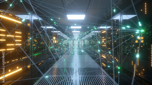 Digital information travels through fiber optic cables through the network and data servers behind glass panels in the server room of the data center. High speed digital lines. 3d illustration