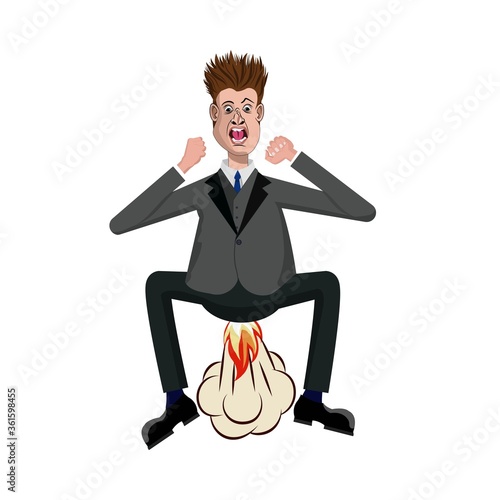 Furious outraged vector cartoon business man huge exploding and farting with fire from his ass. Rage outstanding situation concept