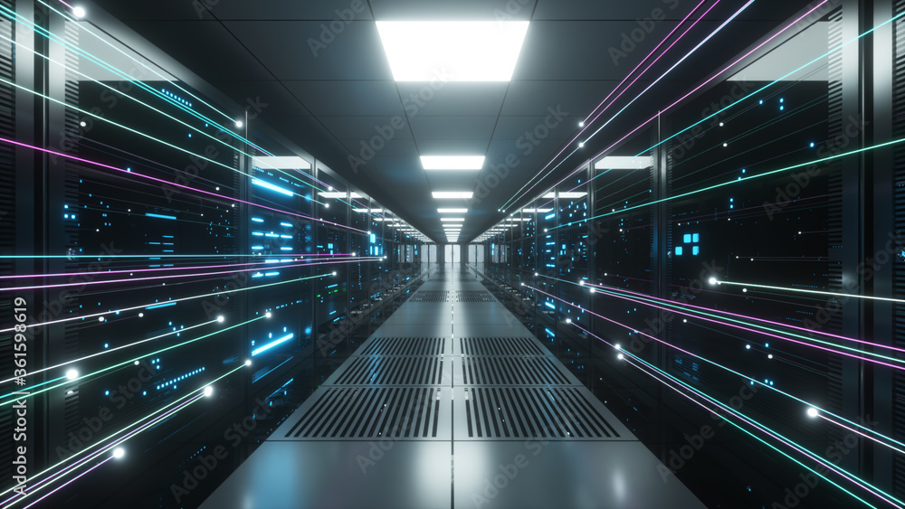 Digital information flows through the network and data servers behind glass panels in the server room of a data center or Internet service provider. High speed digital lines. 3d illustration Digital information flows through the network and data servers behind glass panels in the server room of a data center or Internet service provider. High speed digital lines. 3d illustration