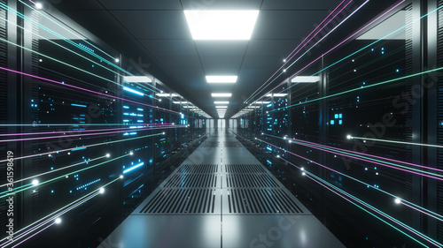 Digital information flows through the network and data servers behind glass panels in the server room of a data center or Internet service provider. High speed digital lines. 3d illustration © flashmovie