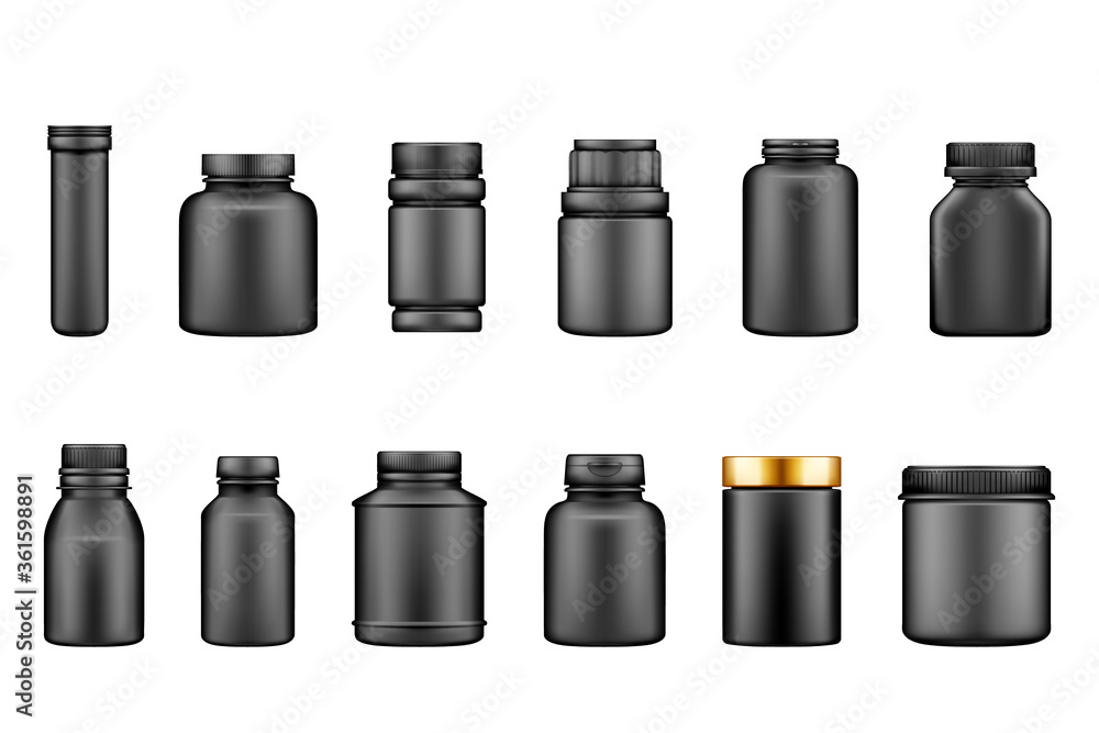 Black plastic jar mockups isolated on white background. Packaging design. Blank sport, fitness, householding or dietary nutrition, healthcare bottle template. Set of 3d realistic vector illustrations Black plastic jar mockups isolated on white background. Packaging design. Blank sport, fitness, householding or dietary nutrition, healthcare bottle template. Set of 3d realistic vector illustrations