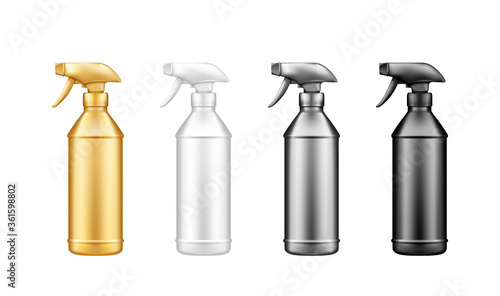Set of isolated plastic spray pistol sanitize bottle mockups - golden, silver, white, black. Packaging design. Cleaning, hygiene, cosmetic product container template. 3d realistic vector illustration