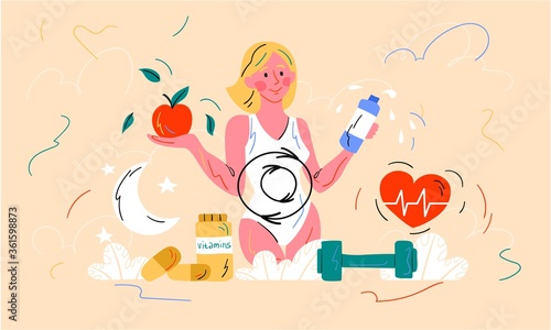 Healthy diet and metabolism concept with a young woman holding a bottle of water and tomato above a heart symbol, weights and dietary supplements, colored vector illustration
