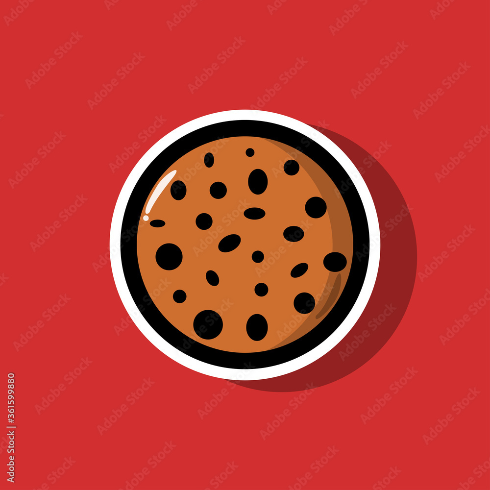 Simple chocolate chip cookie design with black outline, shadow and highlight, for sticker or logo. Eps 10 vector
