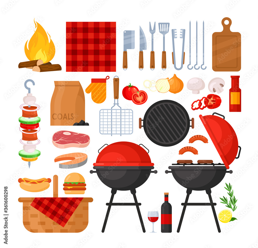 Vector set of BBQ party, barbecue, grill, picnic. vegetables, meat, steak and sausage in flat cartoon style. Collection of barbecue tools, food, wine, fire for cafe, bar and restaurant menu. Stock-vektor