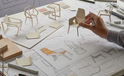 Bild auf Leinwand Designer sketching drawing design development product plan draft chair armchair Wingback Interior furniture prototype manufacturing production
