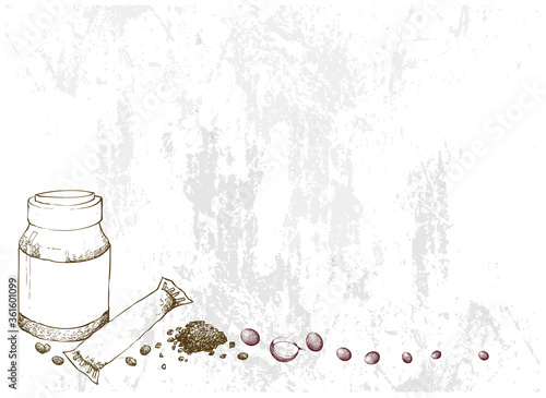 Illustration Hand Drawn Sketch of Instant Coffee or Coffee Powder with Coffee Beans.
