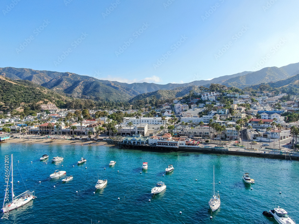 Aerial view of Avalon downtown and bay with boats in Santa Catalina Island, famous tourist attraction in Southern California, USA