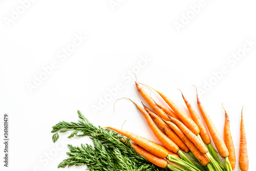 Bunch of fresh carrots with green tops form above copy space