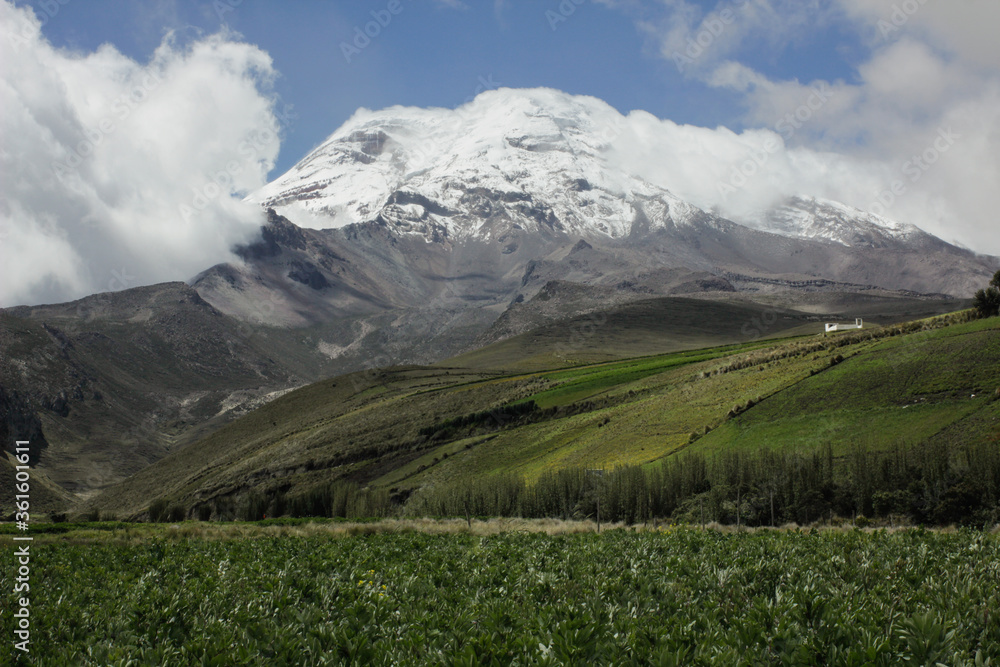 Chimborazo Volcano surrounded by green fields. The Highest mountain in Ecuador