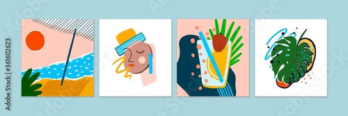 Set of summer abstract backgrounds: beach, woman face in hat, cocktail, exotic leaves. Hand drawn colorful doodle shapes, art compositions. Contemporary modern trendy style. Vector.