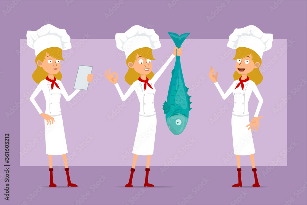 Cartoon flat funny chef cook woman character in white uniform and baker hat. Ready for animation. Girl reading, showing ok sign and holding big fish. Isolated on violet background. Vector set.