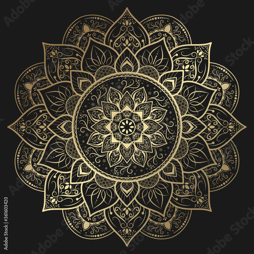 Circular gold Mandala with vintage floral style, Vector mandala Oriental pattern, Hand drawn decorative element. Unique design with petal flower. Concept relax and meditation use for page logo book