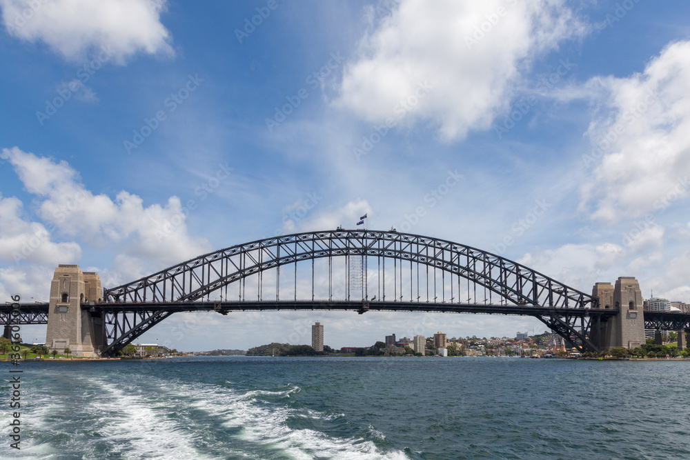 Sydney Harbour Bridge seen the water looking up at the bridge