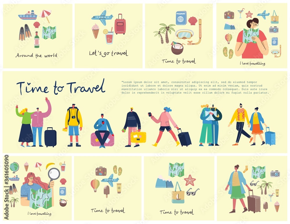 Collage set of travel related symbols plane, ice-cream, luggage, cocktail, with let go travel hand written text. Travel card, poster, banner vector modern flat style illustration. Collage set of travel related symbols plane, ice-cream, luggage, cocktail, with let go travel hand written text. Travel card, poster, banner vector modern flat style illustration.