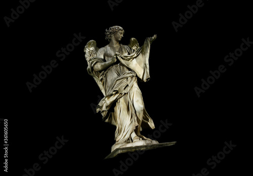Illustration. Angel's bridge in Rome. Marble statue of the Angel flying. Night, black background