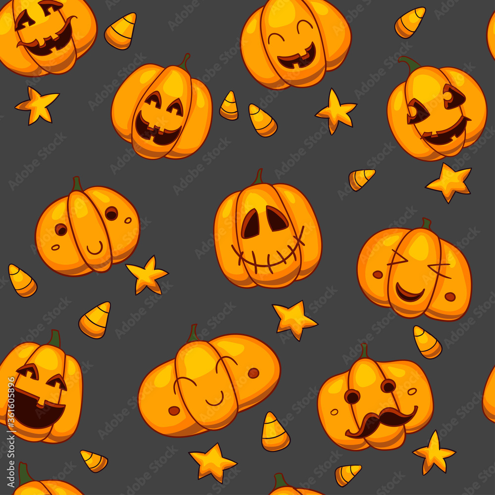 Halloween seamless vector pattern. Funny pumpkins texture. Cute cartoon design for kids, prints, textile, wrapping. Halloween seamless vector pattern. Funny pumpkins texture. Cute cartoon design for kids, prints, textile, wrapping.