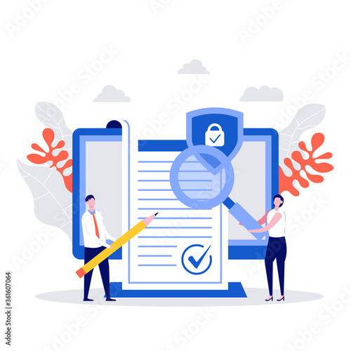 Business people signed contract concept. Character with agreement checking, corporate document, data protection, terms and conditions, privacy policy. Modern vector illustration in flat style