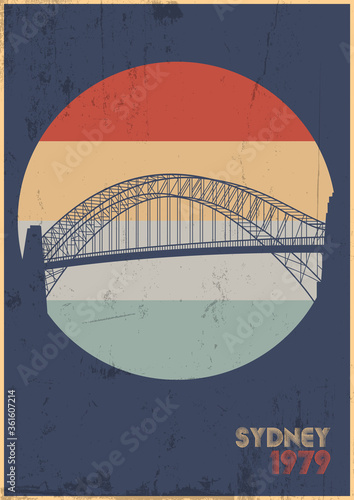 Harbour Bridge Symbol of Sydney, 1970s Style Poster, Vintage Colors, Grunge Texture Pattern 