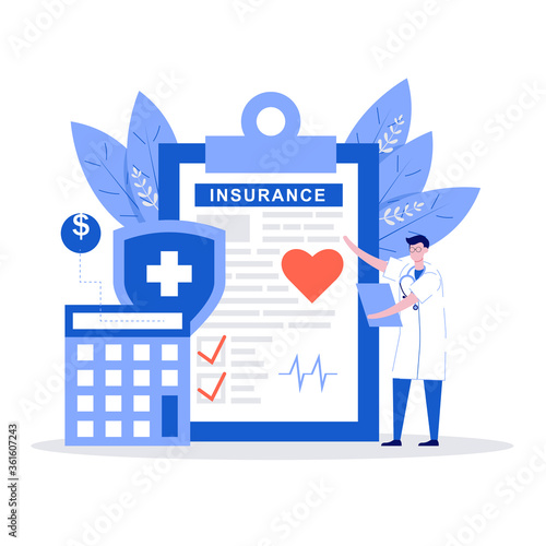 Doctor characters stand near health insurance contract. Health care concept. Modern vector illustration in flat style for landing page, mobile app, poster, web banner, infographics, hero images