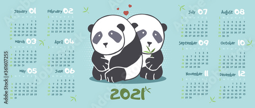 Calendar 2021. Two panda lovers on a blue background, cartoon animal. Vector illustration