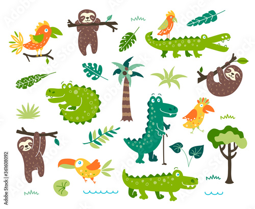 Set of rainforest flora and fauna cartoon illustrations: crocodiles in different poses, sloth hanging on trees, parrots, toucans, exotic tropical plants and palm tree 
