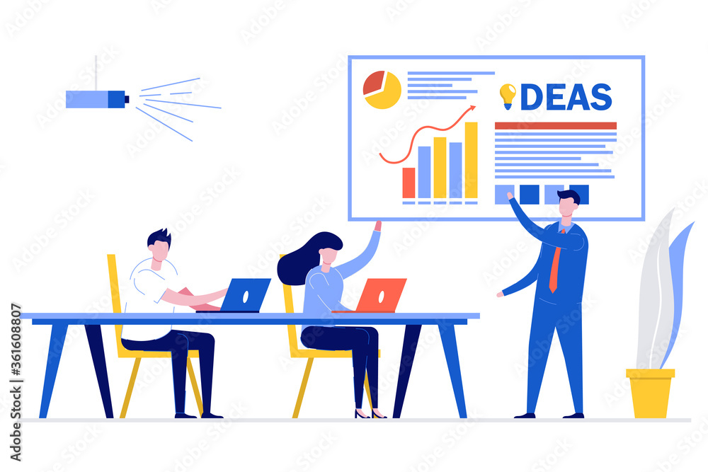 Business man presenting new project to her partners and colleagues. He is presentation using pie diagram and column charts at conference meeting room. Modern vector illustration in flat style. Business man presenting new project to her partners and colleagues. He is presentation using pie diagram and column charts at conference meeting room. Modern vector illustration in flat style.