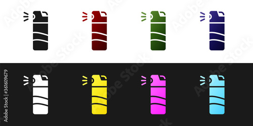 Set Pepper spray icon isolated on black and white background. OC gas. Capsicum self defense aerosol. Vector.