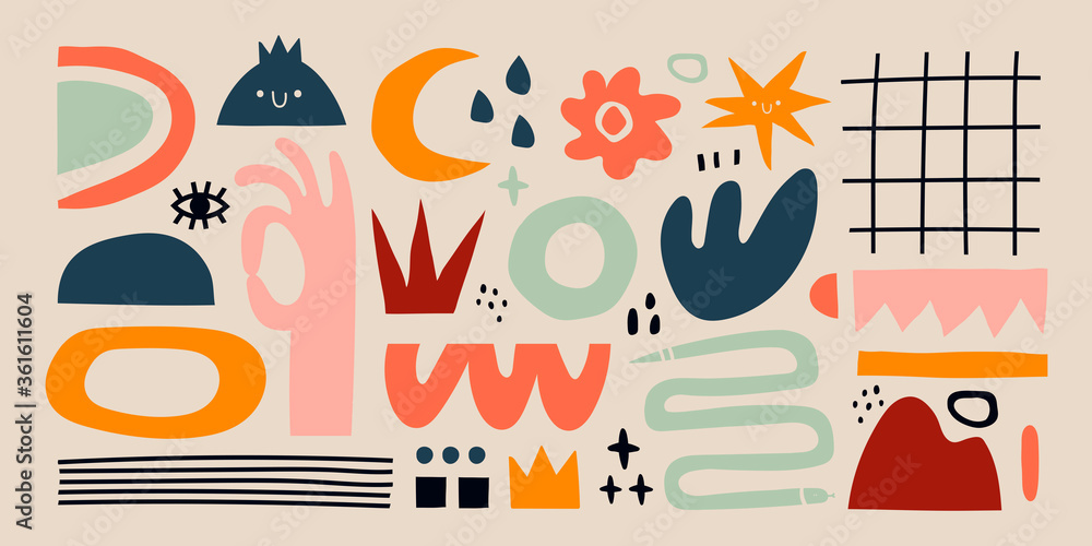 Fototapeta premium Big set of colored Hand drawn various Shapes and doodle objects, curves, dots. Abstract contemporary modern trendy Vector illustrations. All elements are isolated. Pastel colors