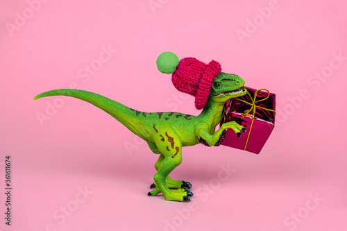 cute green plastic toy dinosaur wearing knitted hat and holding present box  pink background © dvulikaia