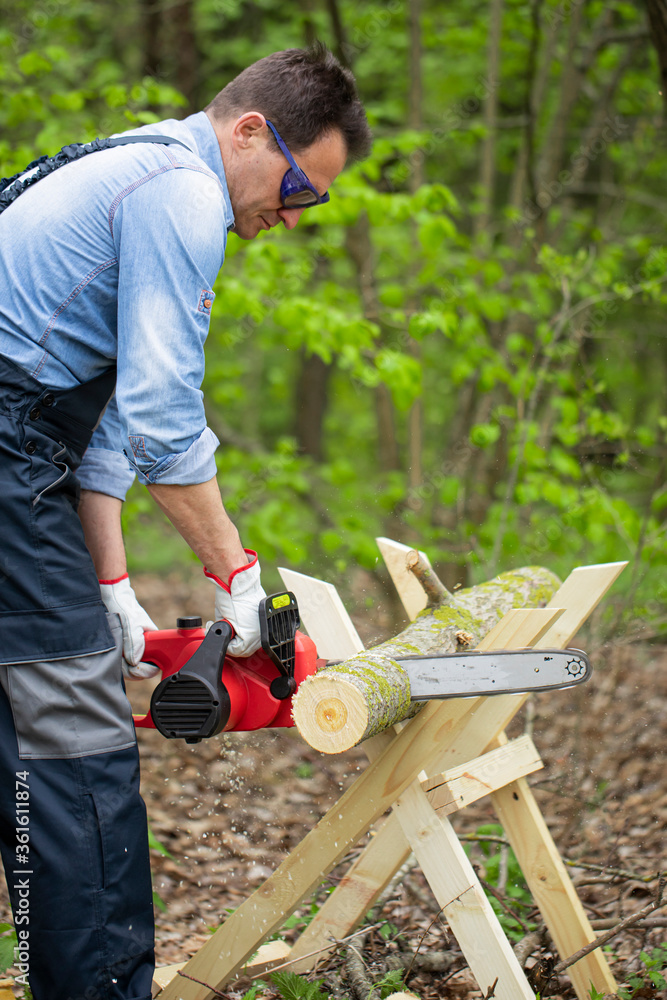 middle-aged man in overalls saws wood using sawhorse with chain saw in background of fallen leaves. domestic work concept. Hand harvesting of firewood in forest. jack of all trades concept middle-aged man in overalls saws wood using sawhorse with chain saw in background of fallen leaves. domestic work concept. Hand harvesting of firewood in forest. jack of all trades concept
