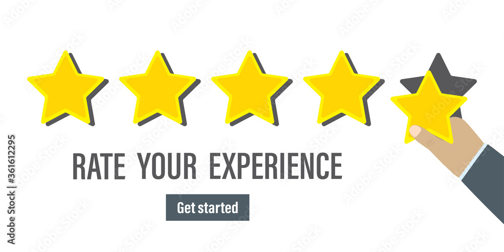 Hand puts five golden stars rating. Positive review landing page template. Testimonials, customer feedback. Grading system. Hand puts five golden stars rating. Positive review landing page template. Testimonials, customer feedback. Grading system.