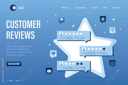 Customer reviews landing page template. Big star and various messages with stars and comments. Testimonials, rating, service quality