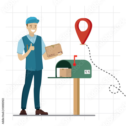 Happy caucasian postman hold parcel. Open mailbox with newspapers, package. Courier in uniform. Delivery, post service.